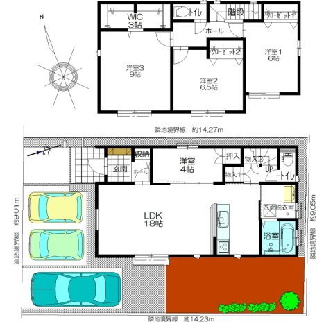 【トーヨーホーム売主/建築中】北野町下池 分譲の間取り|駐車三台可能