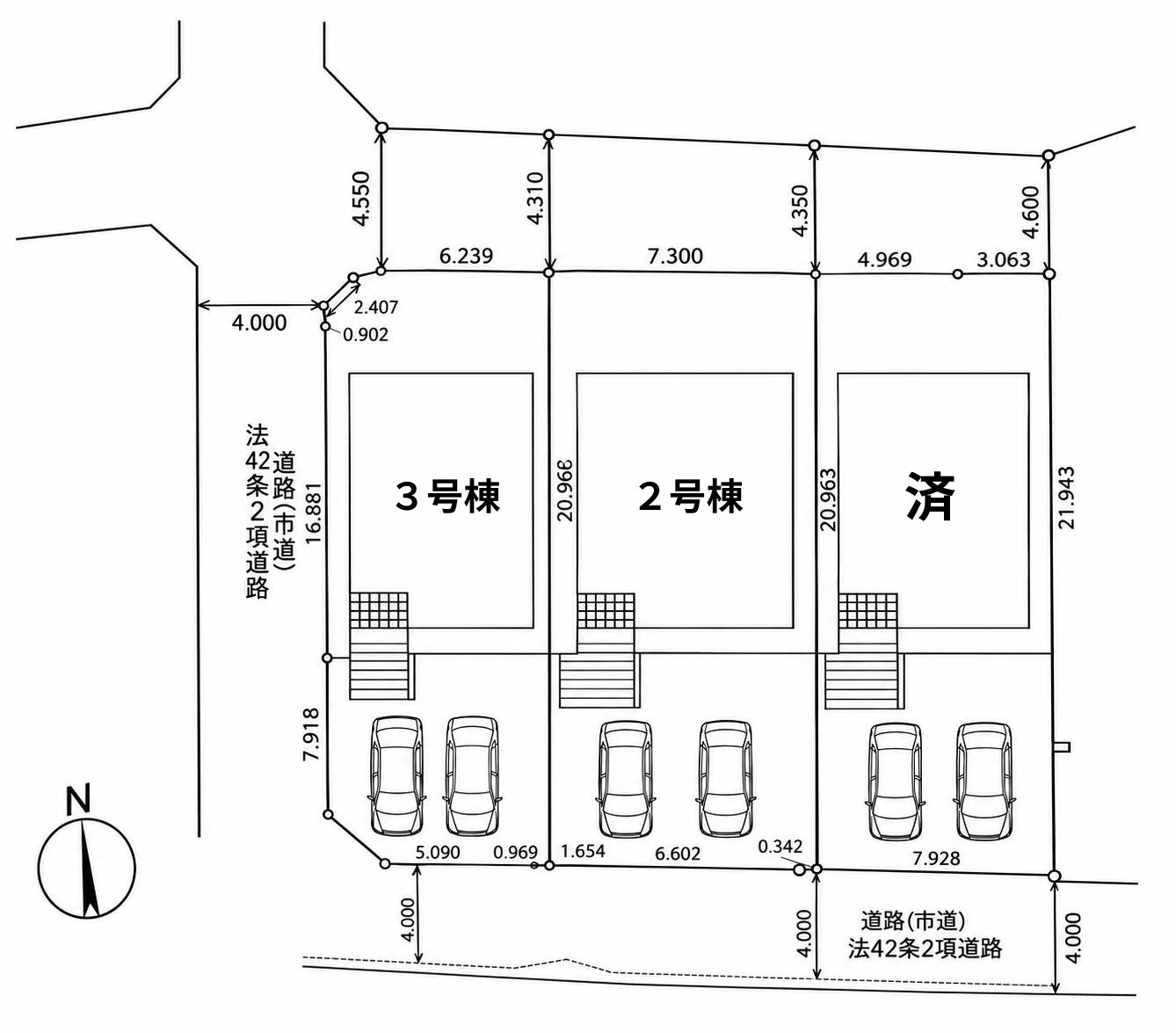 クレイドルガーデン豊見城市饒波　第１・３号棟の地図|区画図／接道状況：南側4ｍ・西側4ｍ・北側4ｍ（2項道路・市道）
