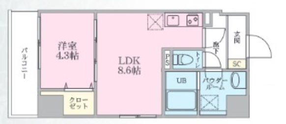 Plumeria（プルメリアの間取り|西向きバルコニー南西角部屋2面採光の1LDK