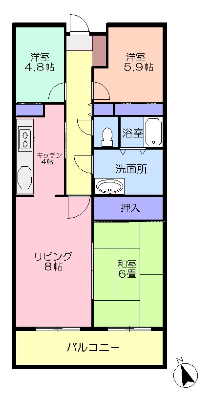 ハイツサンパークの間取り|南向きの3LDK