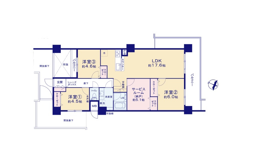 朝日プラザガーデンシティ新越谷C　626号室の間取り|自然光と風が心地よく通り抜ける3LDK。家族みんながゆったり寛げるリビング中心の住空間です。