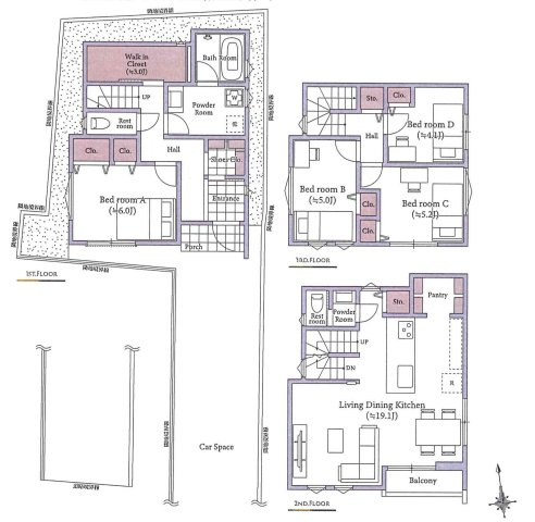 板橋東新町2丁目 全2区画 2区画の土地図＋建物プラン例|建物参考プラン　3階建て4LDKプラン
建物面積104.68㎡　建物価格2500万円(税込)