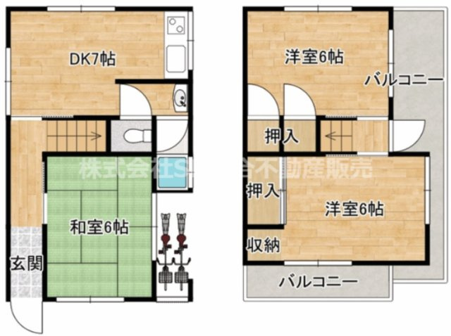 宝持3丁目中古戸建の間取り|全居室6帖以上のゆったりめ設計で1Fに水回りが集中した使いやすい間取りです！