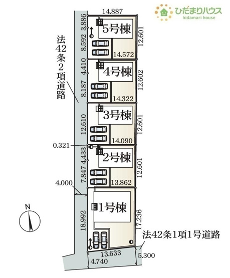 【区画図】 | 桜川市真壁町飯塚第2　新築戸建　5号棟 | 時間がない時もらくらくと車の出し入れができる並列駐車場を完備！！
（5号棟）