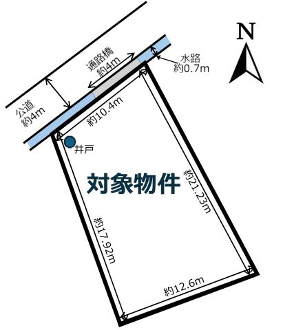 石手4丁目土地（1号地）の土地図|通路橋約4mを介して北側公道に接する1号地は、奥行約21.23mのすっきりとした敷地形状です。