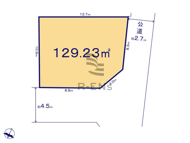 【土地図】 | 練馬区西大泉町　売地 | 土地面積129.23ｍ2、南東側＆北東側接道の開放感ある敷地