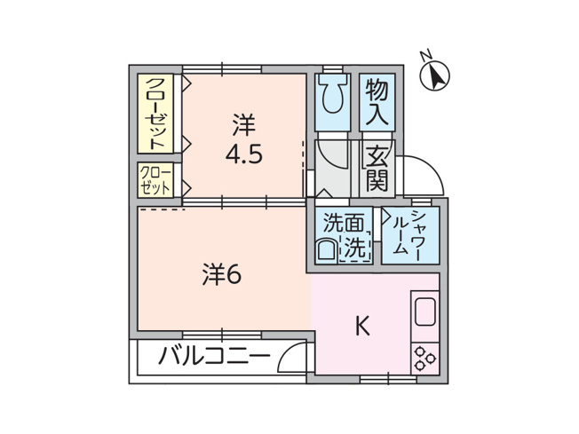 【間取り】 | 緑ヶ丘住宅 | 2つの居室と独立したキッチンを備えた2Kの物件。寝室のほかに在宅ワークや趣味の部屋も確保できる間取りです。都会的でスタイリッシュな外観と、洗練された内装が印象的な住まいです。新生活の舞台にどうぞ。