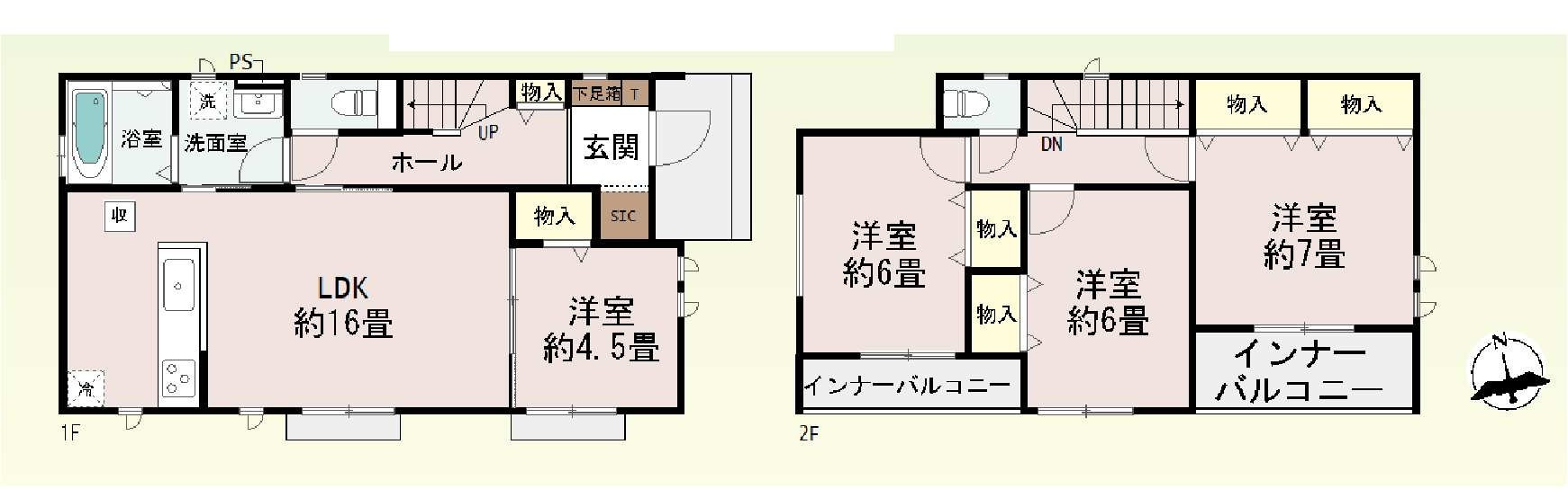 新築　佐波郡玉村町上之手1537番　Heartful　Town　A号棟の間取り|建物面積97.71㎡　全居室南向きで日当たり良好！シューズインクローク・各部屋収納付きで便利です！インナーバルコニーなので突然の雨でもお洗濯物も安心です♪
