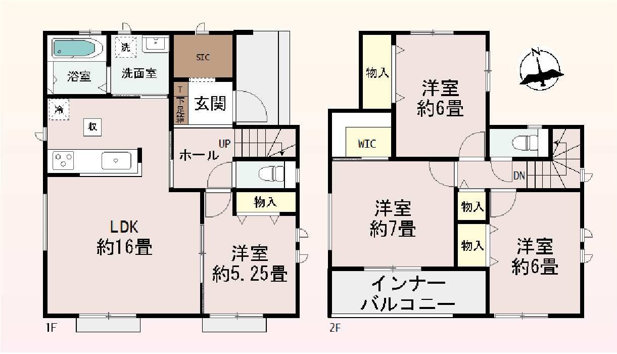 新築　佐波郡玉村町上之手1537番　Heartful　Town　C号棟の間取り|建物面積98.53㎡　シューズインクローク・ウォークインクローゼット・各部屋収納付きで便利です！インナーバルコニーなので突然の雨でもお洗濯物も安心です♪

