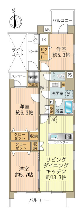 70.35㎡、3LDK＋トランクルーム、角部屋