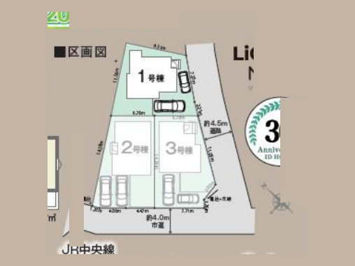 【区画図】 | 犬目町新築戸建 | 区画図の番号が本物件の区画です。道路の位置や隣接区画との並び、公園やごみ置場の配置をご確認ください。区画ごとの日当たりや眺望は現地でご案内します。※図面と現況が異なる場合は現況優先。