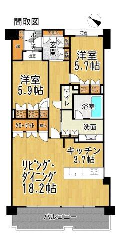 アルバックス新舞子の間取り|広々リビングの２LDK！各居室に収納あり！対面式のキッチンで海を見ながら料理ができます！