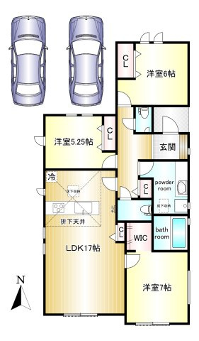 桜井市大福　第01期　全1棟の間取り|3LDK　土地面積：194.96ｍ2　建物面積：85.08ｍ2　駐車２台可