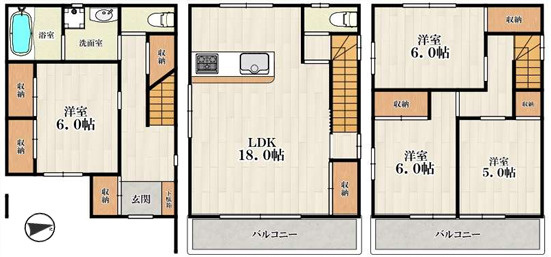 竹渕東１（新加美駅）の間取り|4LDKのゆとりある間取りで、家族それぞれの個室や収納スペースを確保。約18帖の広々LDKは、家族団らんにぴったりの空間です。