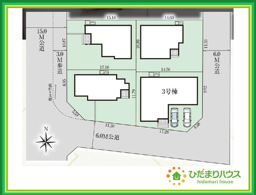 いわき市郷ケ丘6期　新築戸建　3号棟の区画図|角地で日当たり良好(^^)/