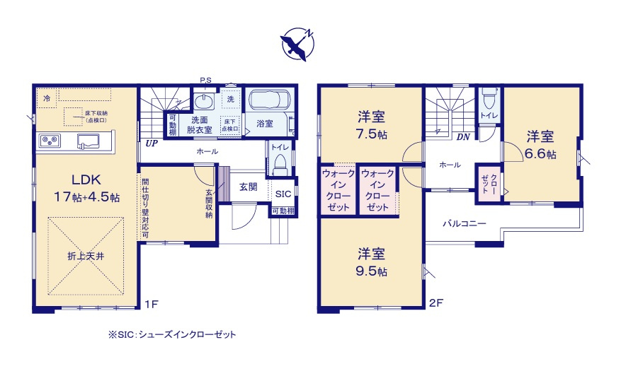 ケイアイフィット　水戸市白梅　1期 　限定1棟！の間取り|　
☆SIC、WICなど収納スペース充実でスッキリ片付きます♪全室ゆったり6帖以上、明るい二面窓で通風も良好です。LDKは間仕切り対応も可能。4.5帖洋室は納戸やワークスペースにも◎