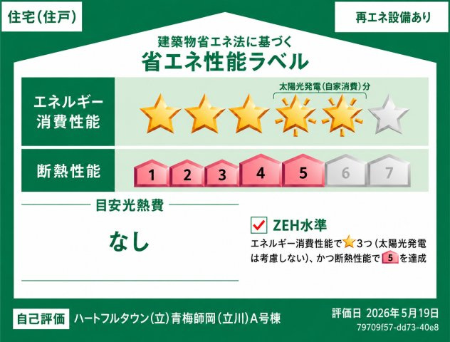 青梅市師岡町1丁目　新築戸建全2棟の省エネ性能ラベル|省エネ性能に優れたZEH水準住宅！エネルギー消費性能は星3つ、断熱性能は等級5を達成♪ 快適で省エネな暮らしをサポートします！