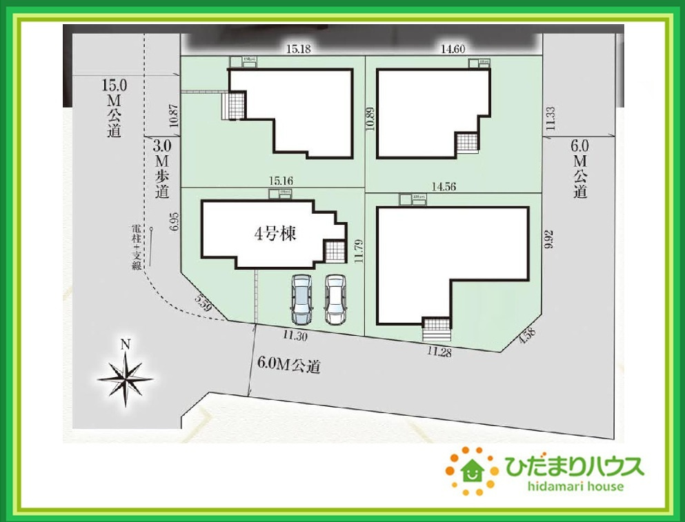 いわき市郷ケ丘6期　新築戸建　4号棟の区画図|角地につき、たっぷりの陽光と心地よい風が舞い込む住まい♪