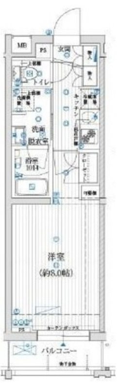 ビーシティアパートメント東京サウスの間取り|1K洋室8帖バストイレ別独立洗面台