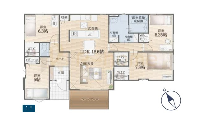古河市諸川8期　新築戸建て　1号棟の間取り|4LDK＋WIC＋ファミリークローク、土地面積241.99m2、建物面積94.72m2