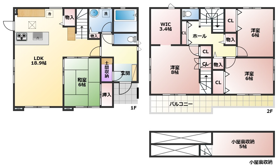 幸手市千塚　中古一戸建ての間取り|土間収納、WIC、小屋裏収納など収納が沢山あり物の置き場に困りません♪