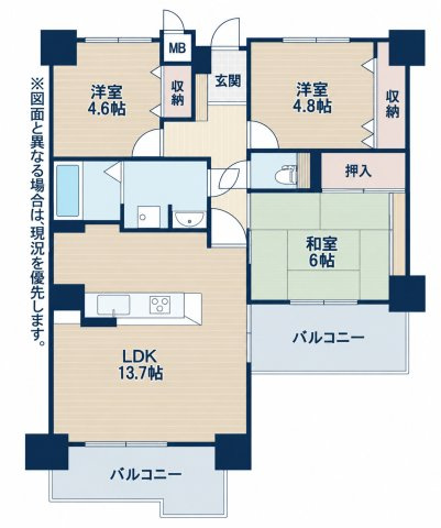 サンパーク南八千代の間取り|使い勝手の良い3LDK♪ご家族それぞれのお部屋を確保しやすい、暮らしやすい間取りです♪