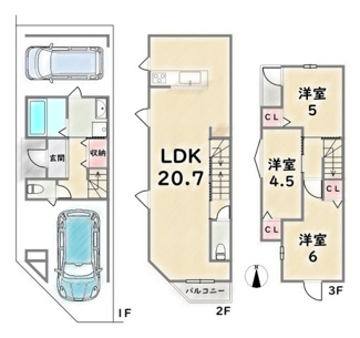 【土地図＋建物プラン例】 | 右京区花園扇野町　建築条件つき | 建築プラン例：建物価格1999万円、建延84.92平米