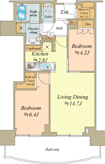 南向き 2LDK 全居室収納（内１部屋はウォークインクローゼット付）、リビング床暖房