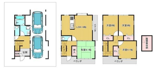 守口市 佐太東町 ２丁目　中古 一戸建ての間取り|駐車2台可能。屋根裏収納も魅力のゆとりある4LDK。