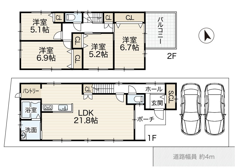 駐車並列２台　LDK21帖超　西区王塚台１丁目　新築戸建の間取り
