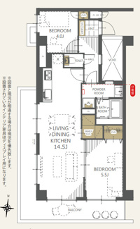 【間取り】 | ライオンズマンション清瀬中央公園 | 2LDK ／ 専有面積:58.95ｍ2 ／ バルコニー面積:14.70ｍ2