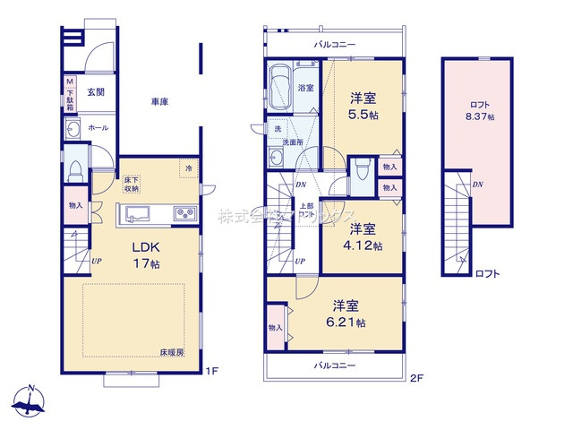 練馬区上石神井南町　急行停車駅　ロフト×省エネ住宅　全2棟の間取り|A号棟　3LDK+ロフト　土地面積82.47m2　建物面積93.15m2