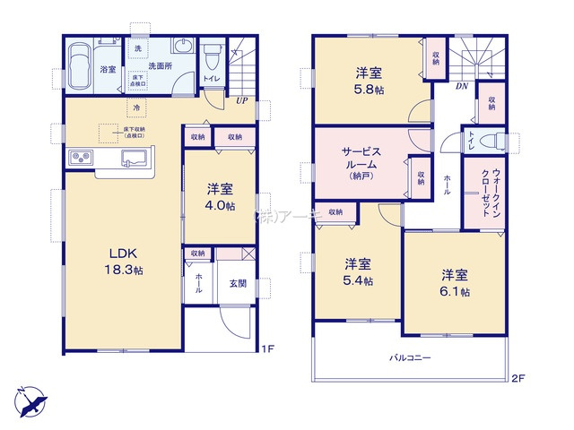 高浜市呉竹町四丁目11-1、2、10、11の一部他『仲介手数料無料』新築一戸建て・建売の間取り|　1号棟　1F:LDK18.3帖に隣接する洋室4帖　CL設置！キッチン収納♪ホール収納♪2F:洋室6.1帖　WIC設置！洋室5.8帖・洋室5.4帖　CL設置♪ストレージルーム　CL設置♪ホール収納♪