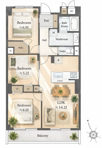 グリーンシティ第2たまプラーザの間取り|3LDK、価格4280万円、専有面積70.35m2、バルコニー面積7.04m2 【LDK　14.2帖】 【洋室　6.0帖・6.0帖・5.2帖】   