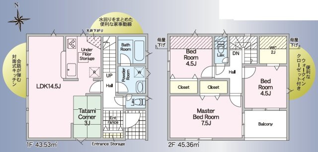 高知市赤石町　第1　新築戸建　の間取り|3LDK+WIC　　建物面積　88.89㎡   （約26.88坪）
１階　43.53㎡　2階　　　45.36㎡