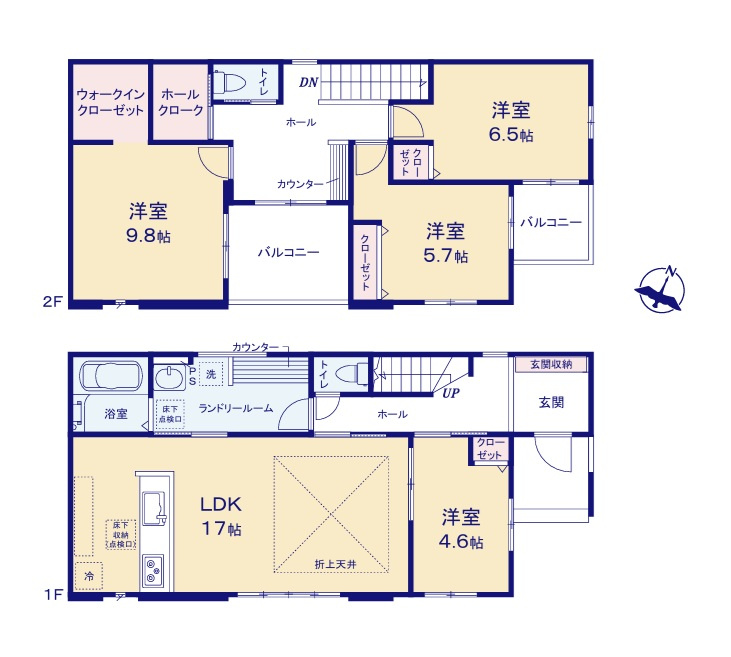 ケイアイフィット　ひたちなか市田彦　7期 　限定1棟！の間取り|　
☆バルコニーに面した2階ホールは明るく開放的。自由でクリエイティブな空間です♪1階4.6帖洋室は納戸やワークスペースにも◎洗面室2WAY出入り口で生活動線がコンパクトです。