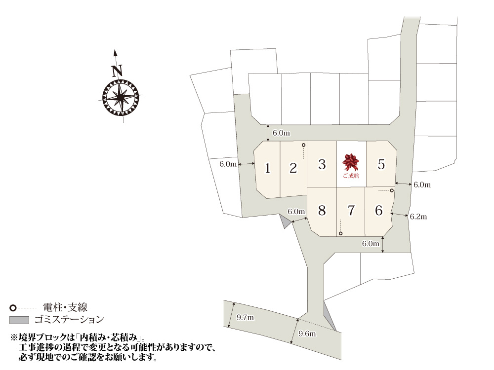 【区画図】 | 前面道路は幅員6.0mとゆとりがあり、お車の出し入れもラクラク。周辺も10区画以上の分譲地なので、ご近所付き合いも安心ですね。