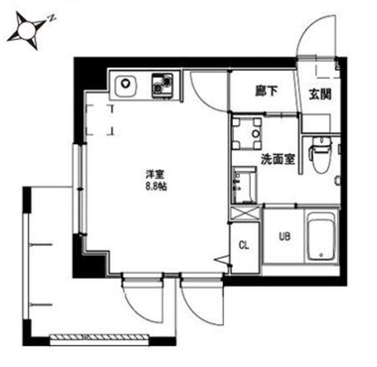 VER　FLAT(ベールフラット)の間取り|1R洋室8.8帖バストイレ別独立洗面台！