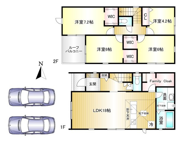 橿原市新口町　第02期　全2棟の間取り|4LDK　土地面積：127.50ｍ2　建物面積：106.08ｍ2　駐車2台可