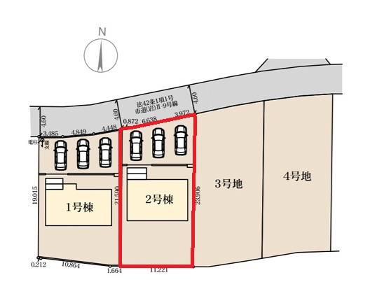 リーブルガーデン  笠間市岩間駅西　第4　2の区画図|前面道路幅4.6メートル、3台駐車可能です。
3.4号地（特定条件付き売地）についてもお気軽にお問い合わせください。