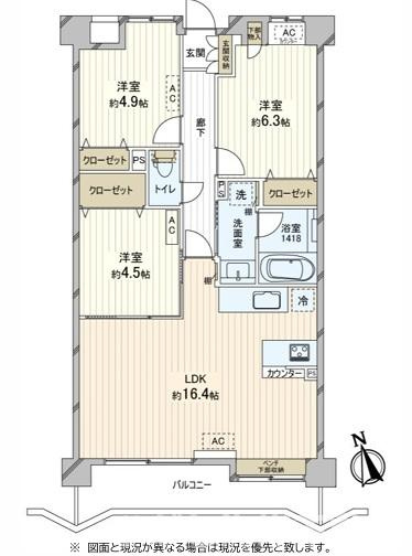 オーベル湘南緑が浜の間取り|南向き　３LDK