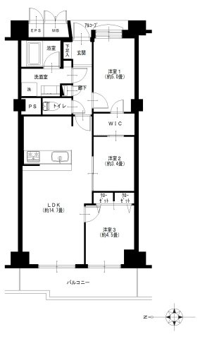 ■3LDK+WIC、専有面積：63.13平米、バルコニー面積：8.04平米