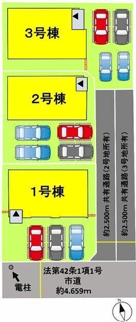 熊本市中央区島崎1丁目1期　3号棟の区画図|普通車が2台、軽自動車が2台駐車可能です
