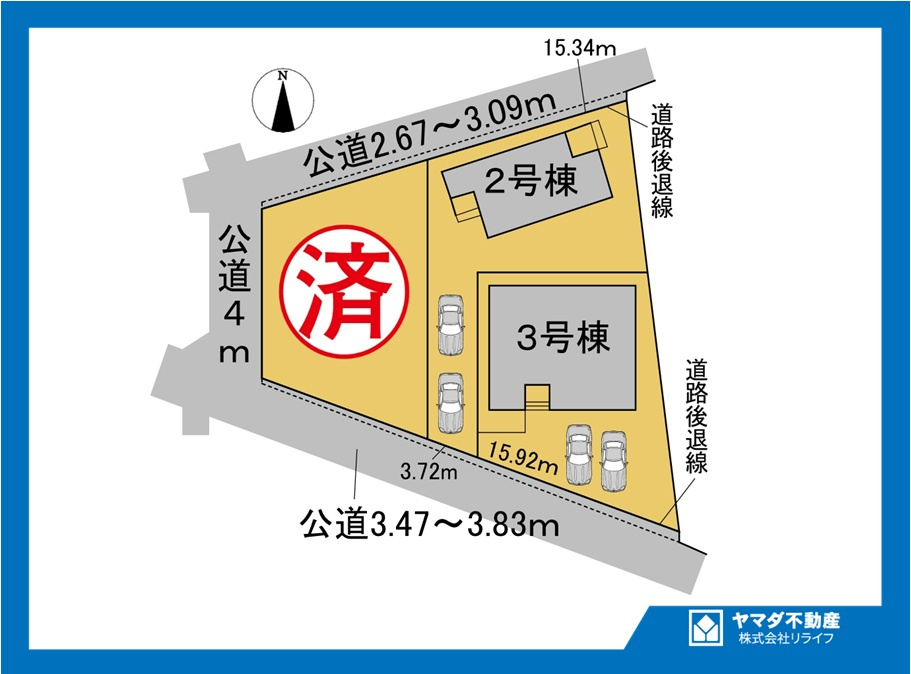 リーブルガーデン　犬山市塔野地中浦　全3区画分譲の区画図|■区画図
■YAMADA電機の　ヤマダ不動産　株式会社リライフ　
いつでもお問合わせ下さい。