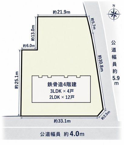 西尾市伊藤一丁目一棟売アパートの区画図|敷地図です。東側約5.9m・南側約4.0mの公道に面した約347坪の敷地に、
鉄骨造4階建（2LDK×12戸・3LDK×4戸）が建っています。