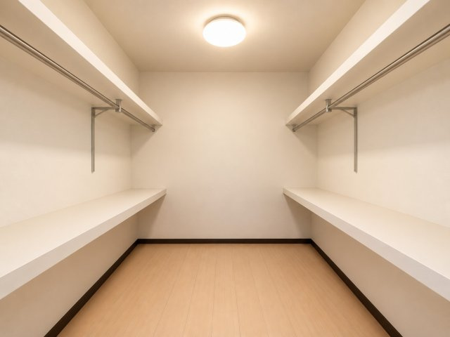 堺市美原区多治井の収納|左右にハンガーパイプと棚を備えたウォークインクローゼット♪ 衣類やバッグなどをまとめて収納できる、頼もしい収納空間です♪