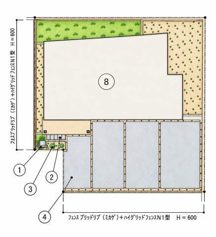 堺市美原区多治井の区画図|ゆとりある駐車スペースに加え、建物周囲には植栽スペースも確保♪ 緑を取り入れた外構計画が、住まいに彩りと開放感を演出します♪