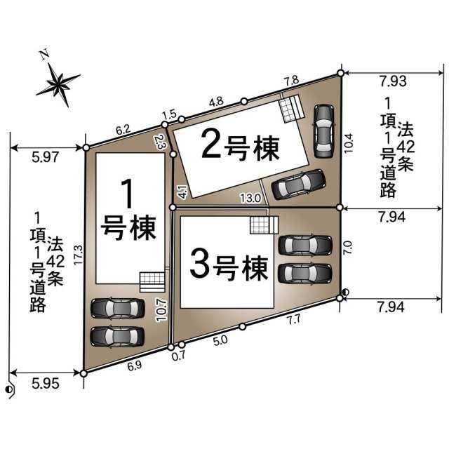 新築戸建て・仲介手数料無料）小牧市藤島　第１・3号棟の区画図