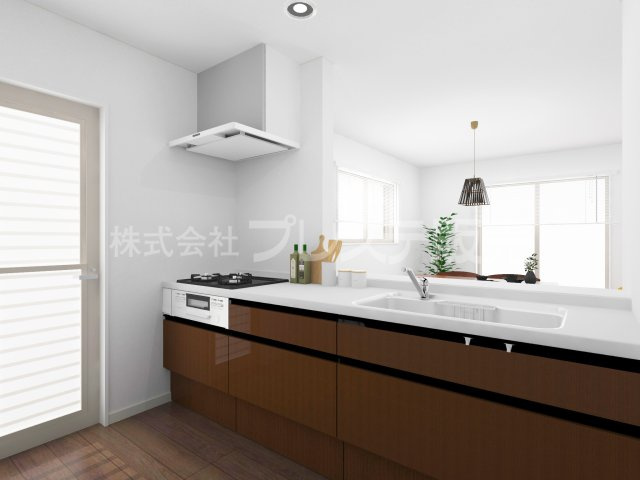 大和郡山市植槻町の新築一戸建 全５区画のキッチン|２号地キッチン完成イメージ／人気の対面キッチン♪