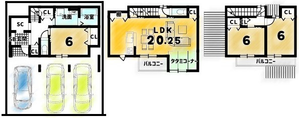 梅津上田町　建築条件付土地　Cプランの区画図|駐車２台プラン例　建物価格：１７００万円　建物面積８５．８６㎡